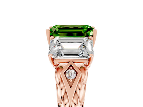 Rose gold Three-Stone Emerald Cut Peridot Braided Band Ring with Four-Prong Setting_41