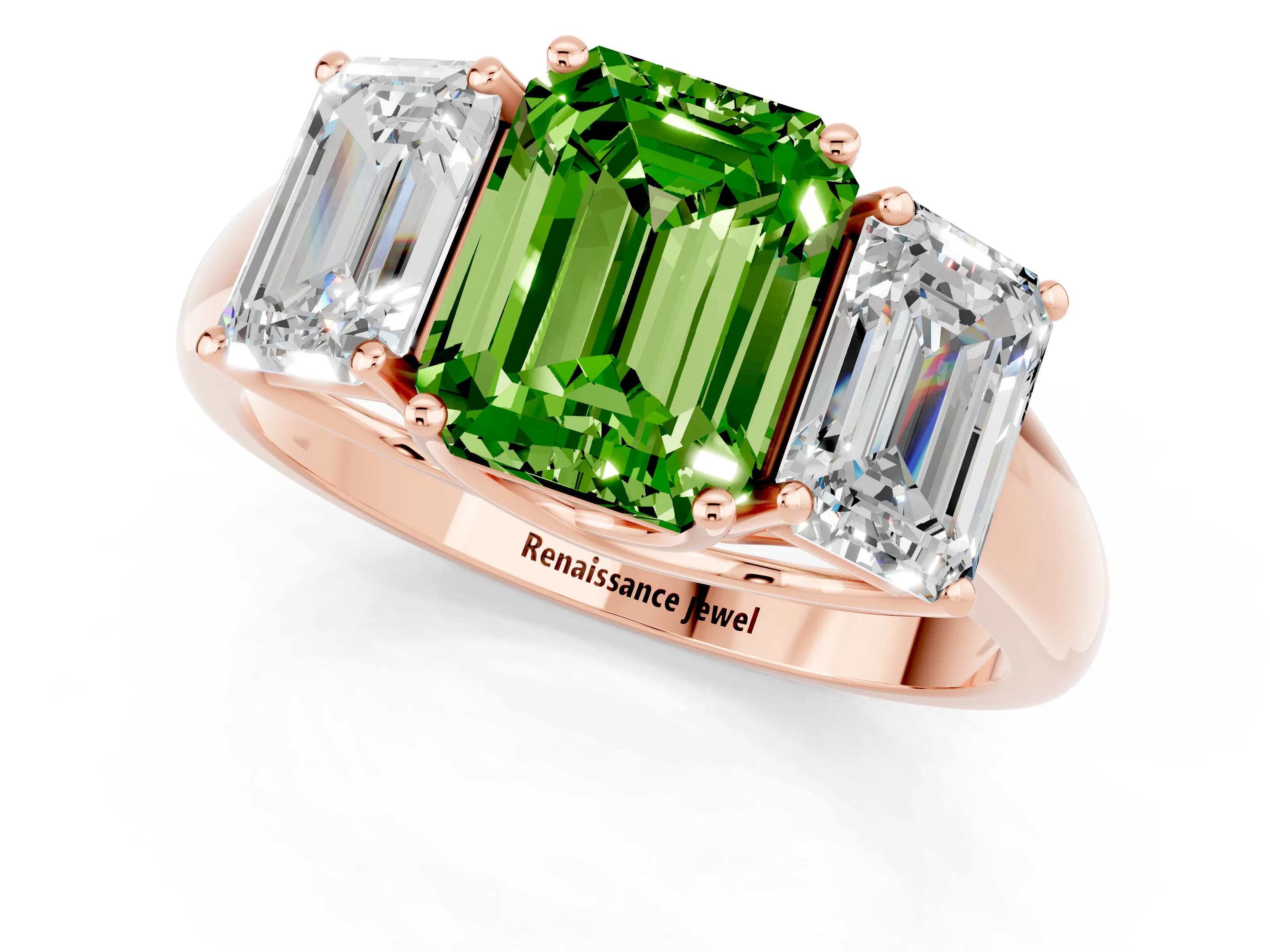 Rose gold Three-Stone Emerald Cut Peridot Engagement Ring with Prong Setting_1