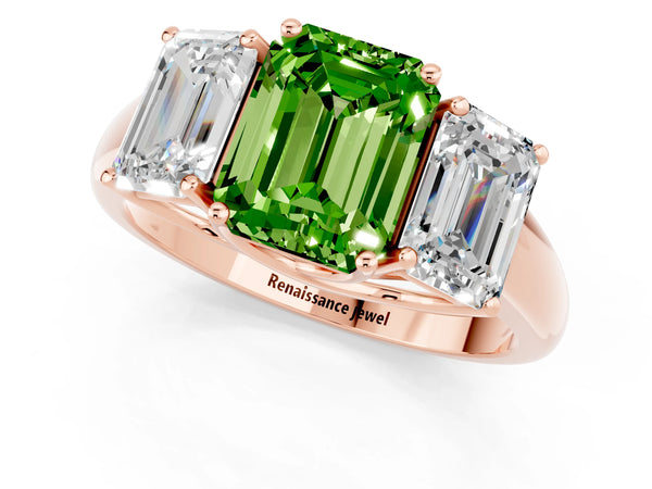 Rose gold Three-Stone Emerald Cut Peridot Engagement Ring with Prong Setting
