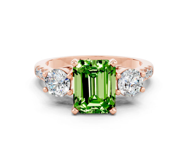 Rose gold Three-Stone Emerald Cut Peridot Pavé Band with Four-Prong Setting