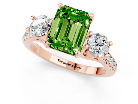 Rose gold Three-Stone Emerald Cut Peridot Pavé Band with Four-Prong Setting_1