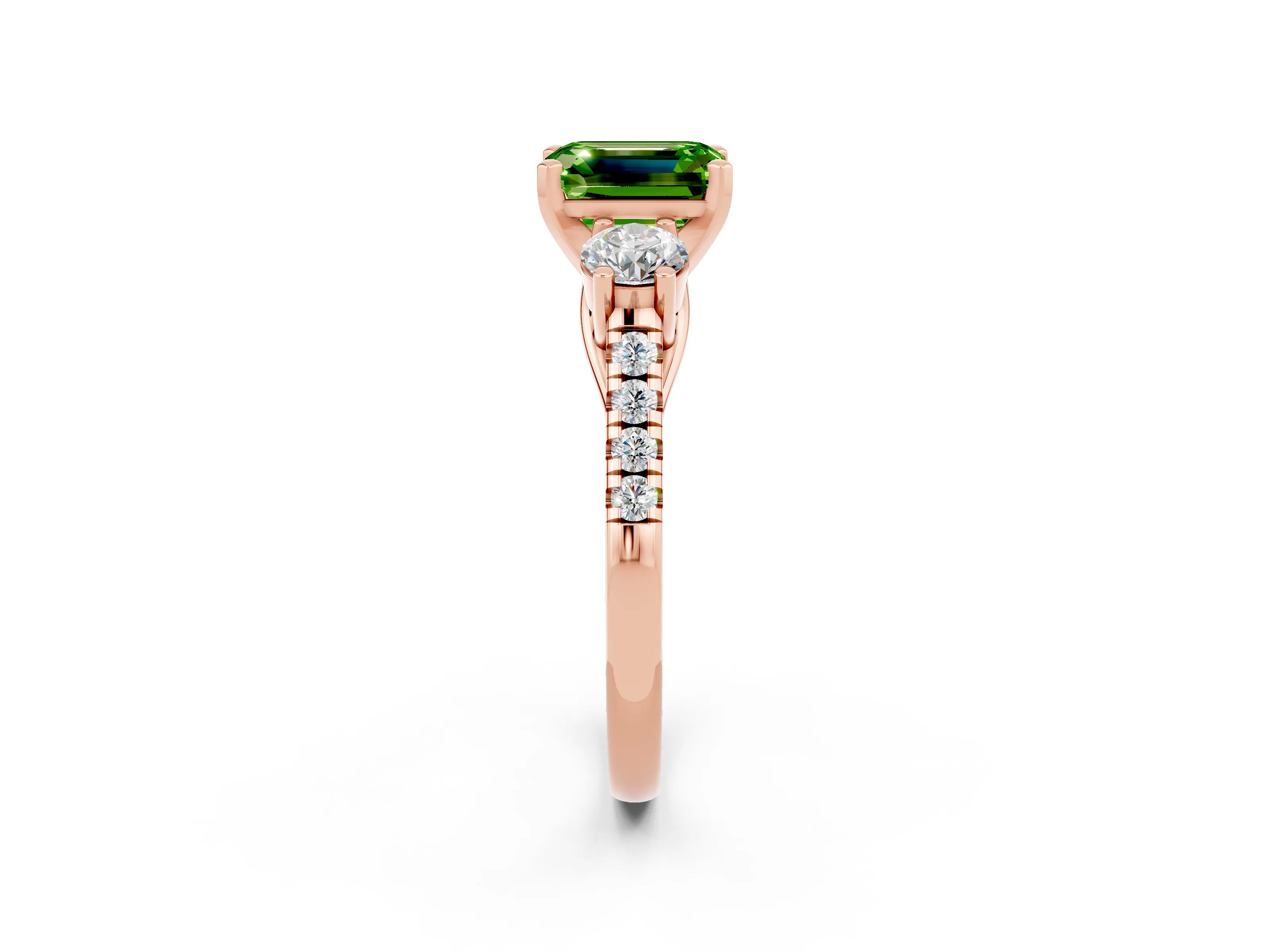Rose gold Three-Stone Emerald Cut Peridot Pavé Band with Four-Prong Setting_2