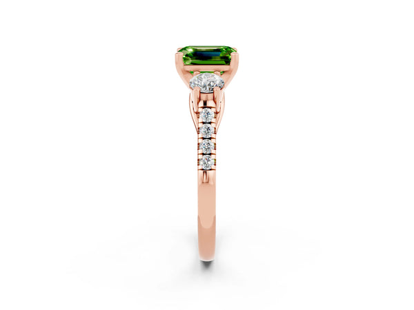Rose gold Three-Stone Emerald Cut Peridot Pavé Band with Four-Prong Setting