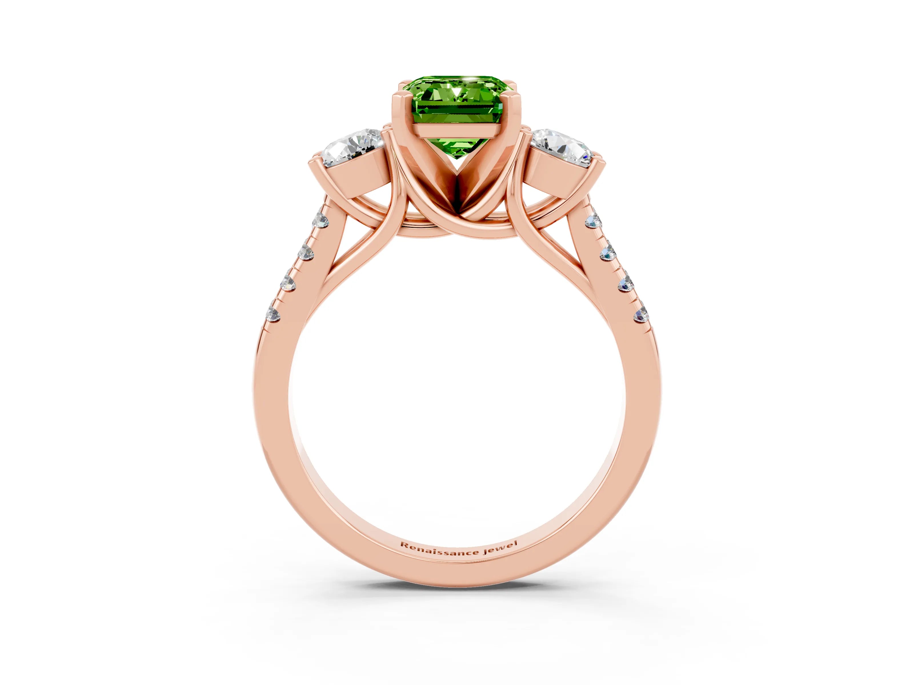 Rose gold Three-Stone Emerald Cut Peridot Pavé Band with Four-Prong Setting_3