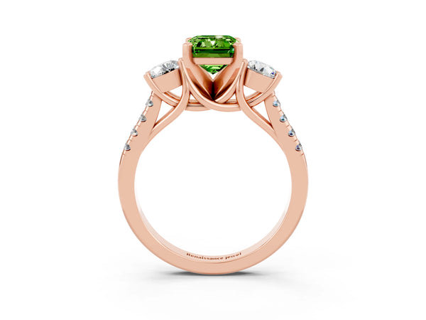 Rose gold Three-Stone Emerald Cut Peridot Pavé Band with Four-Prong Setting