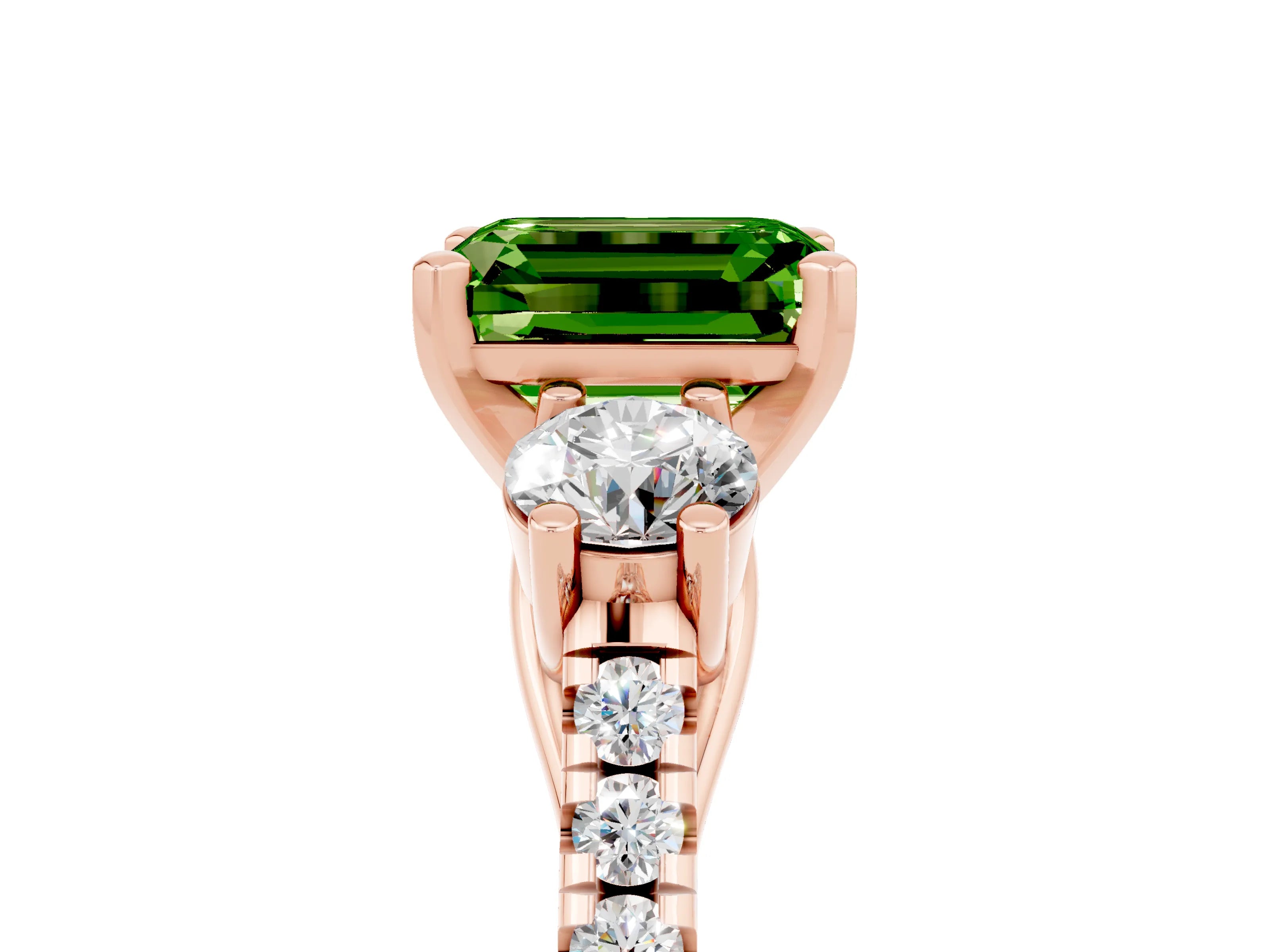 Rose gold Three-Stone Emerald Cut Peridot Pavé Band with Four-Prong Setting_5
