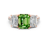 Rose gold Three-Stone Emerald Cut Peridot Ring with Pavé Band and Prong Setting_12