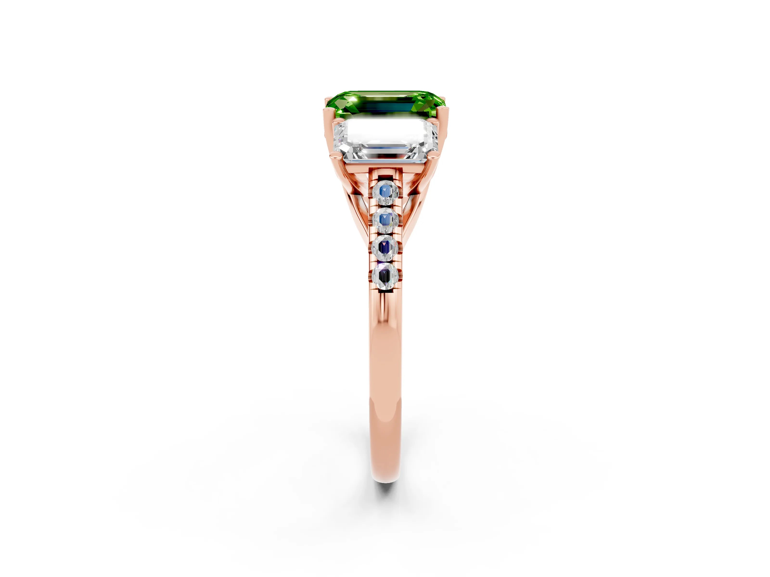 Rose gold Three-Stone Emerald Cut Peridot Ring with Pavé Band and Prong Setting_14