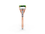 Rose gold Three-Stone Emerald Cut Peridot Ring with Pavé Band and Prong Setting_14