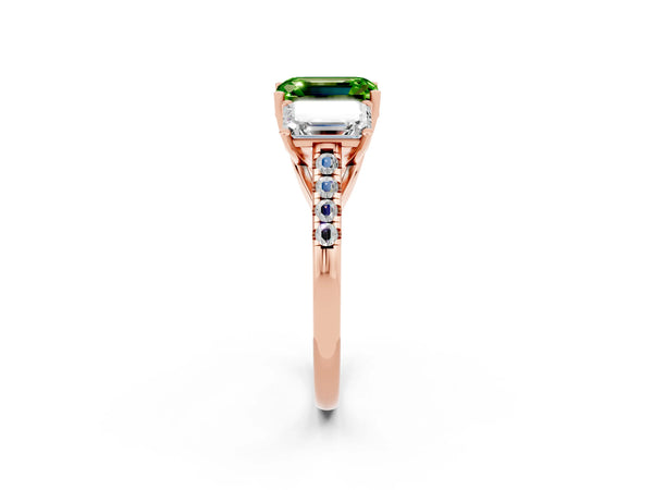Rose gold Three-Stone Emerald Cut Peridot Ring with Round  Pavé Band and Prong Setting