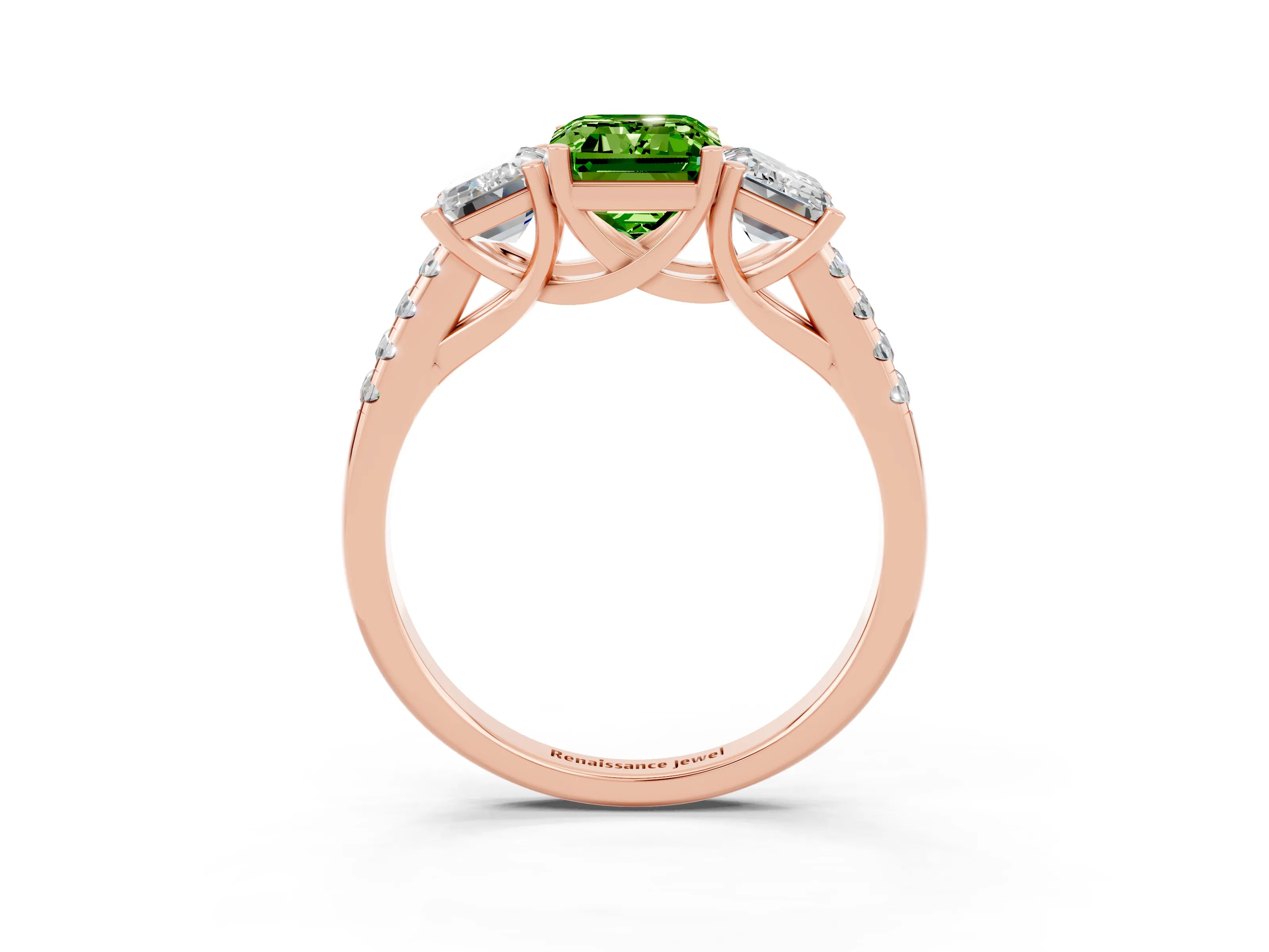 Rose gold Three-Stone Emerald Cut Peridot Ring with Pavé Band and Prong Setting_15