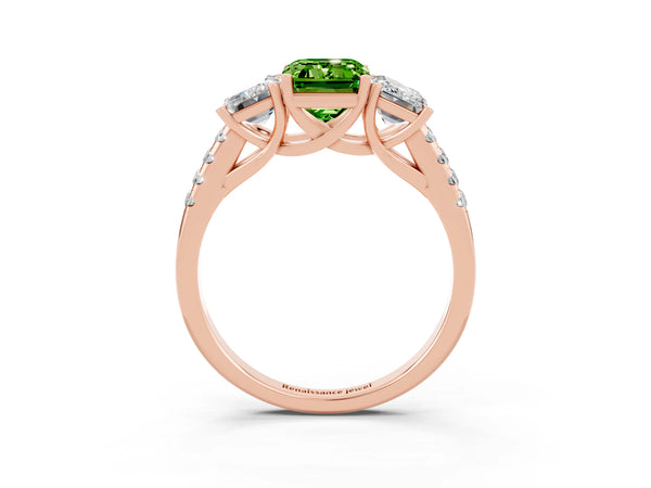 Rose gold Three-Stone Emerald Cut Peridot Ring with Round  Pavé Band and Prong Setting