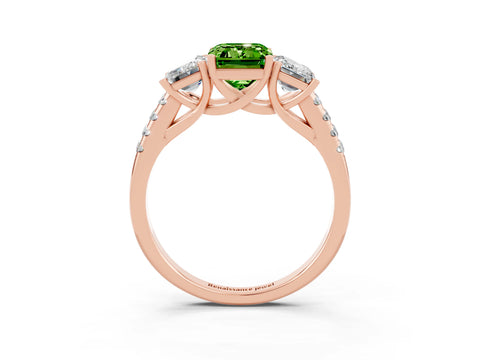 Rose gold Three-Stone Emerald Cut Peridot Ring with Pavé Band and Prong Setting_15