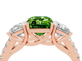 Rose gold Three-Stone Emerald Cut Peridot Ring with Pavé Band and Prong Setting_16