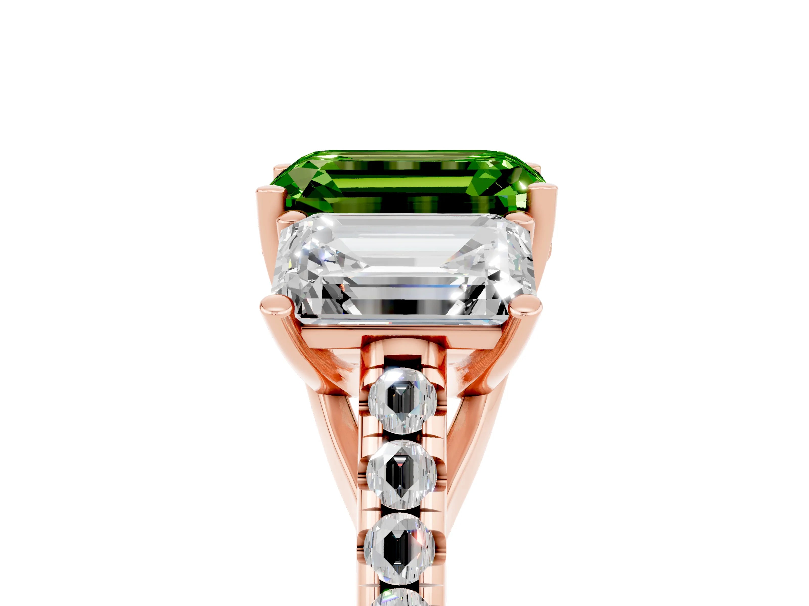 Rose gold Three-Stone Emerald Cut Peridot Ring with Pavé Band and Prong Setting_17