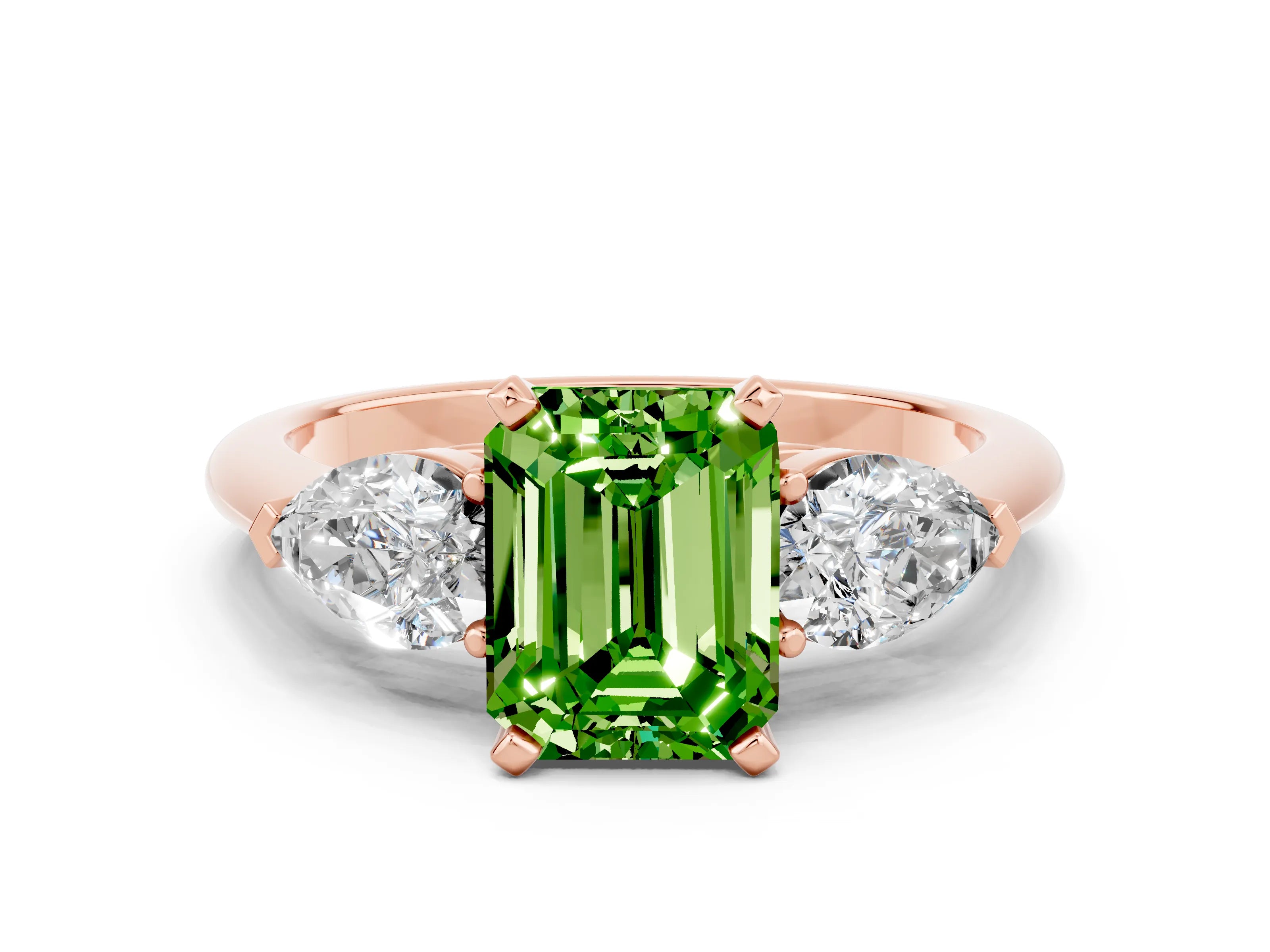Rose gold Three-Stone Emerald Cut Peridot Ring with Pear Side Stones and Four-Prong Setting