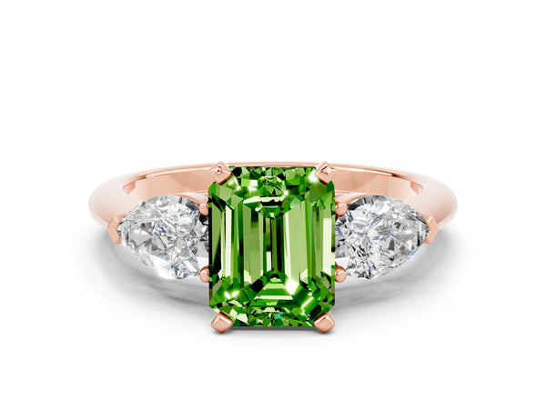 Rose gold Three-Stone Emerald Cut Peridot Ring with Pear Side Stones and Four-Prong Setting