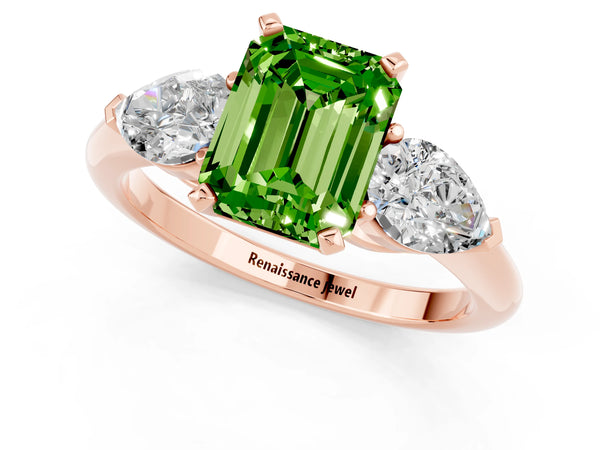 Rose gold Three-Stone Emerald Cut Peridot Ring with Pear Side Stones and Four-Prong Setting
