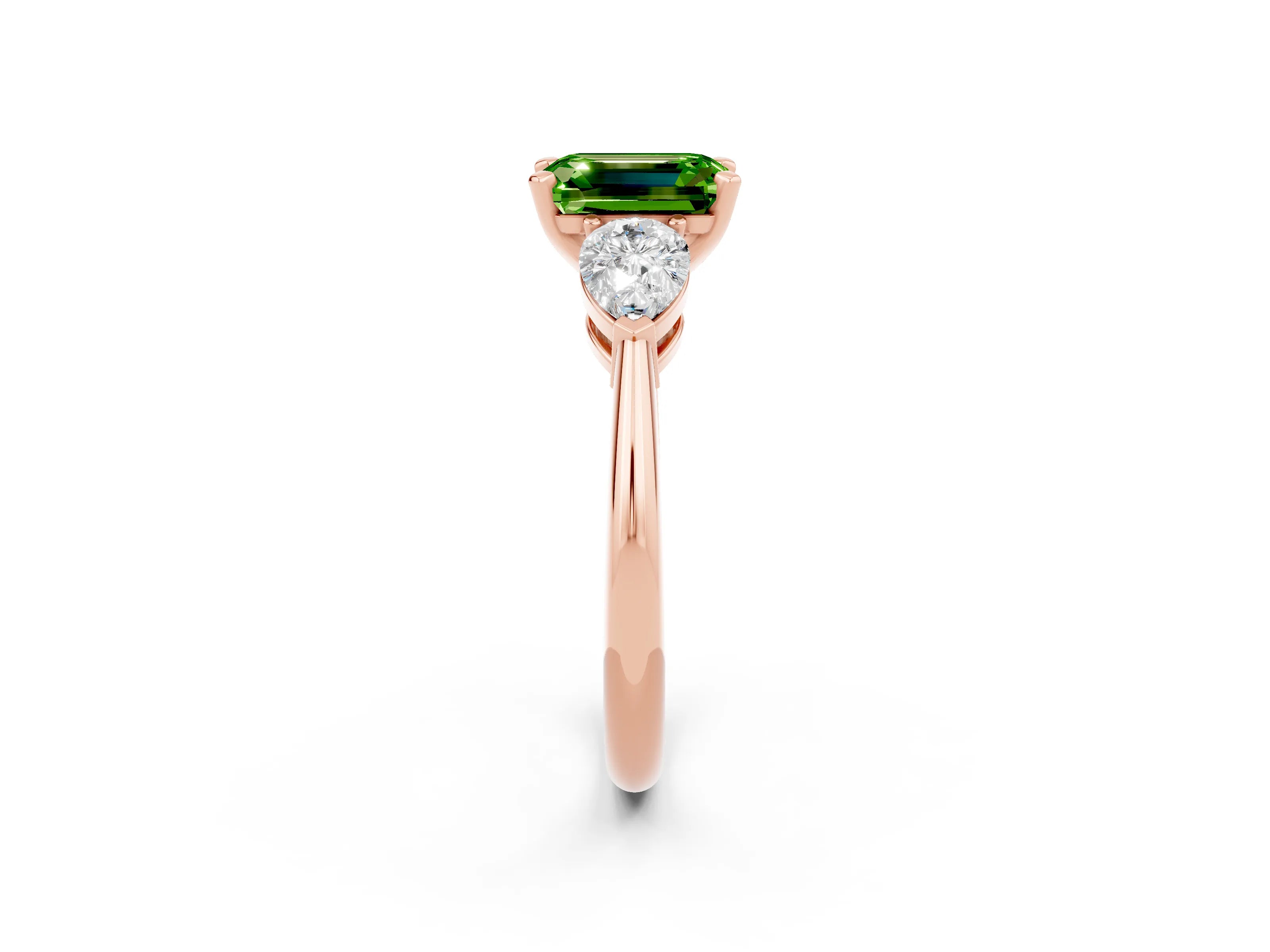 Rose gold Three-Stone Emerald Cut Peridot Ring with Pear Side Stones and Four-Prong Setting_2