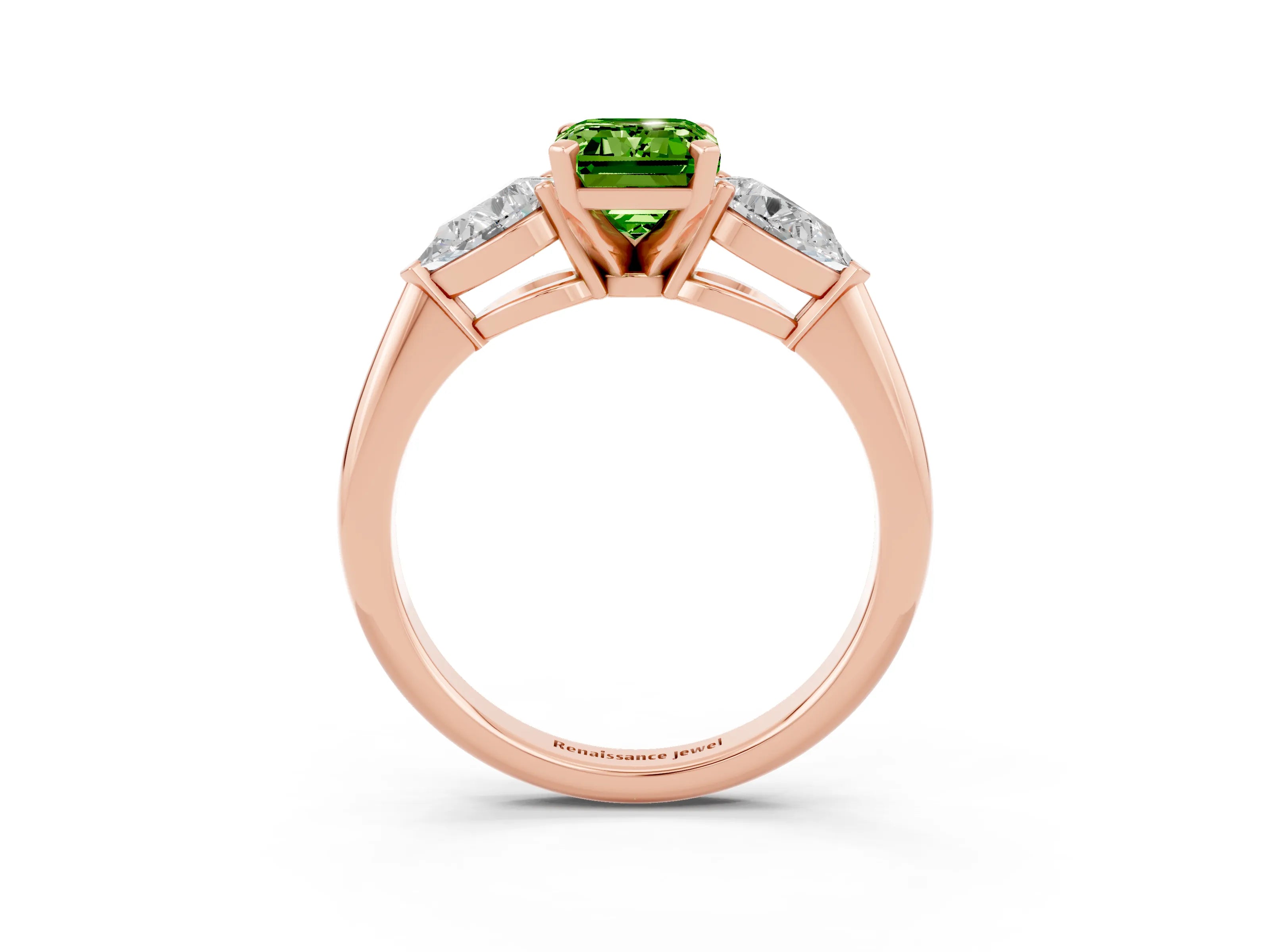 Rose gold Three-Stone Emerald Cut Peridot Ring with Pear Side Stones and Four-Prong Setting_3