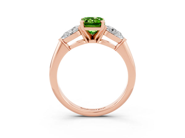 Rose gold Three-Stone Emerald Cut Peridot Ring with Pear Side Stones and Four-Prong Setting