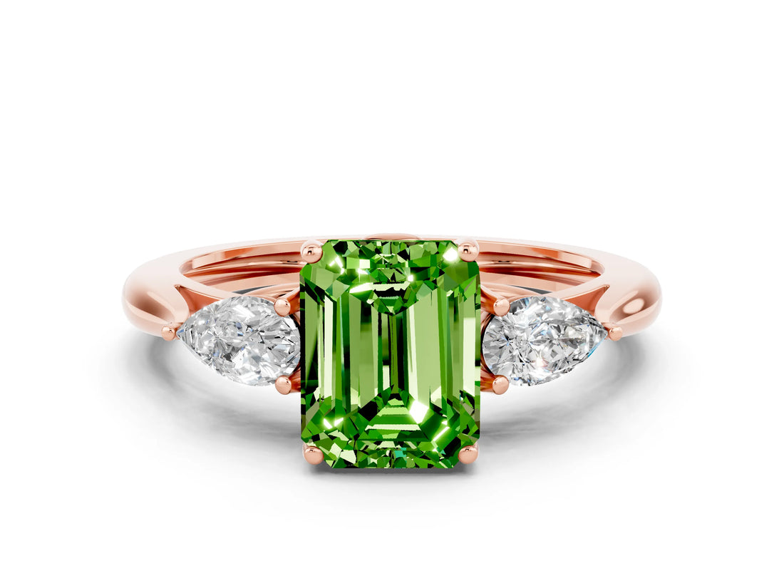 Rose gold Three-Stone Emerald Cut Peridot Ring with Pear  Side Stones in Four-Prong Setting_12