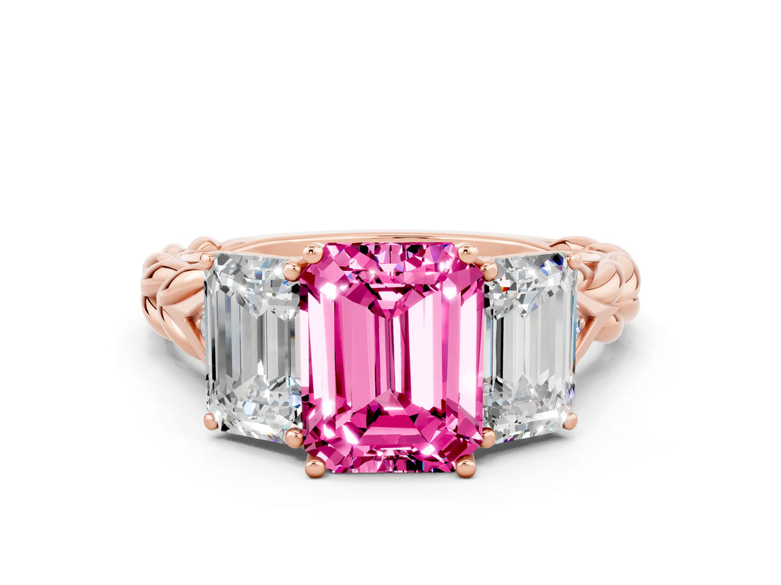 Rose gold Three-Stone Emerald Cut Pink Sapphire Braided Band Ring with Four-Prong Setting_60