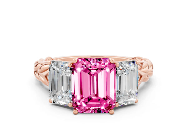 Rose gold Three-Stone Emerald Cut Pink Sapphire Braided Band Ring with Four-Prong Setting