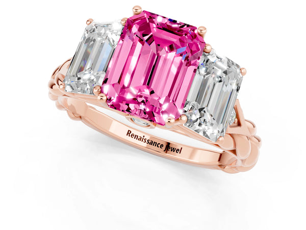 Rose gold Three-Stone Emerald Cut Pink Sapphire Braided Band Ring with Four-Prong Setting
