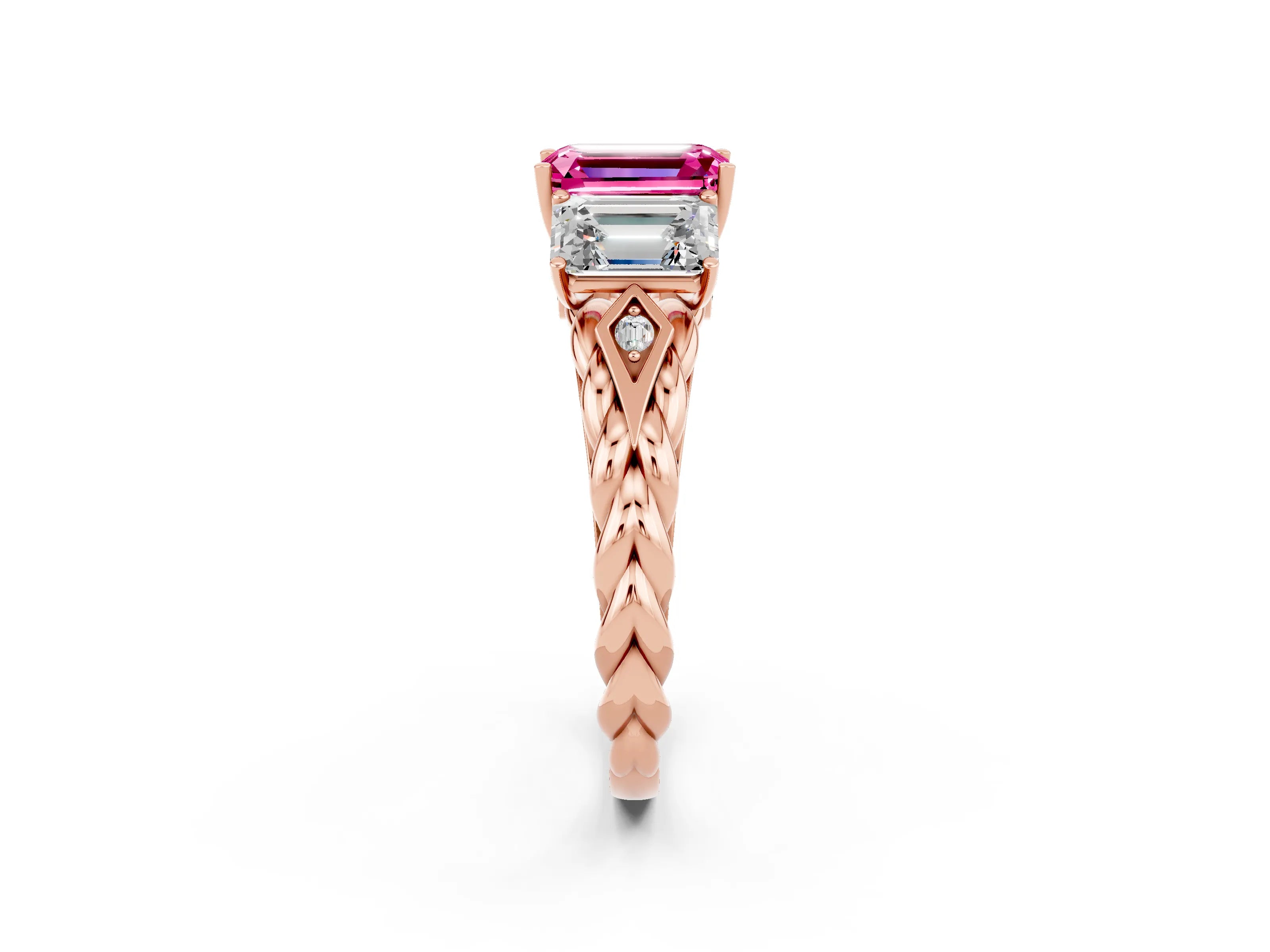 Rose gold Three-Stone Emerald Cut Pink Sapphire Braided Band Ring with Four-Prong Setting_62