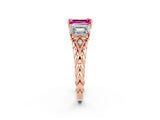 Rose gold Three-Stone Emerald Cut Pink Sapphire Braided Band Ring with Four-Prong Setting_62