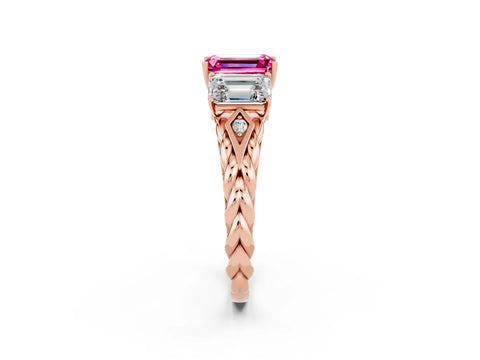 Rose gold Three-Stone Emerald Cut Pink Sapphire Braided Band Ring with Four-Prong Setting_62