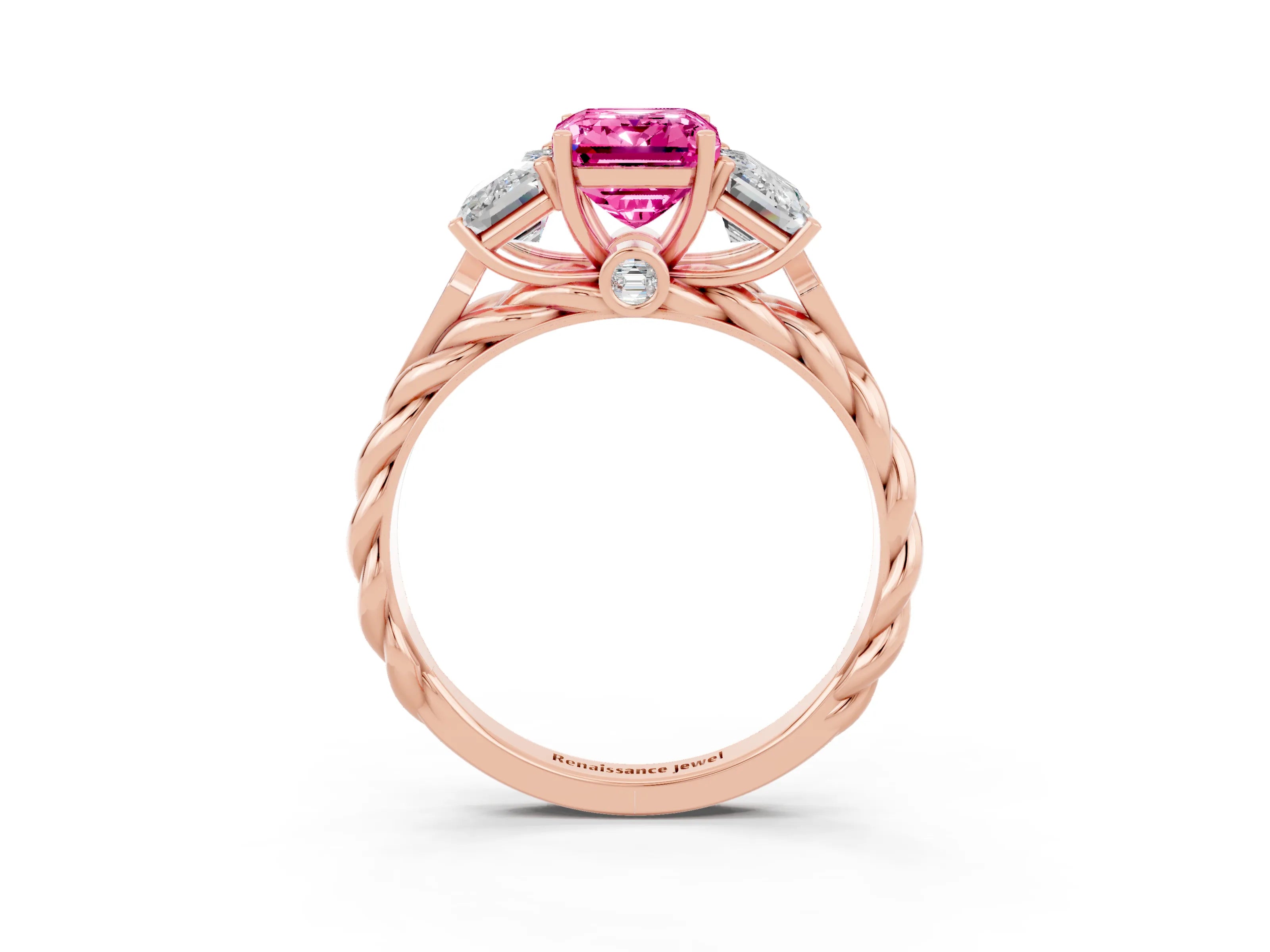 Rose gold Three-Stone Emerald Cut Pink Sapphire Braided Band Ring with Four-Prong Setting_63