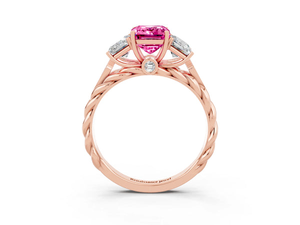 Rose gold Three-Stone Emerald Cut Pink Sapphire Braided Band Ring with Four-Prong Setting