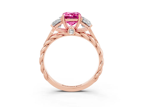 Rose gold Three-Stone Emerald Cut Pink Sapphire Braided Band Ring with Four-Prong Setting_63