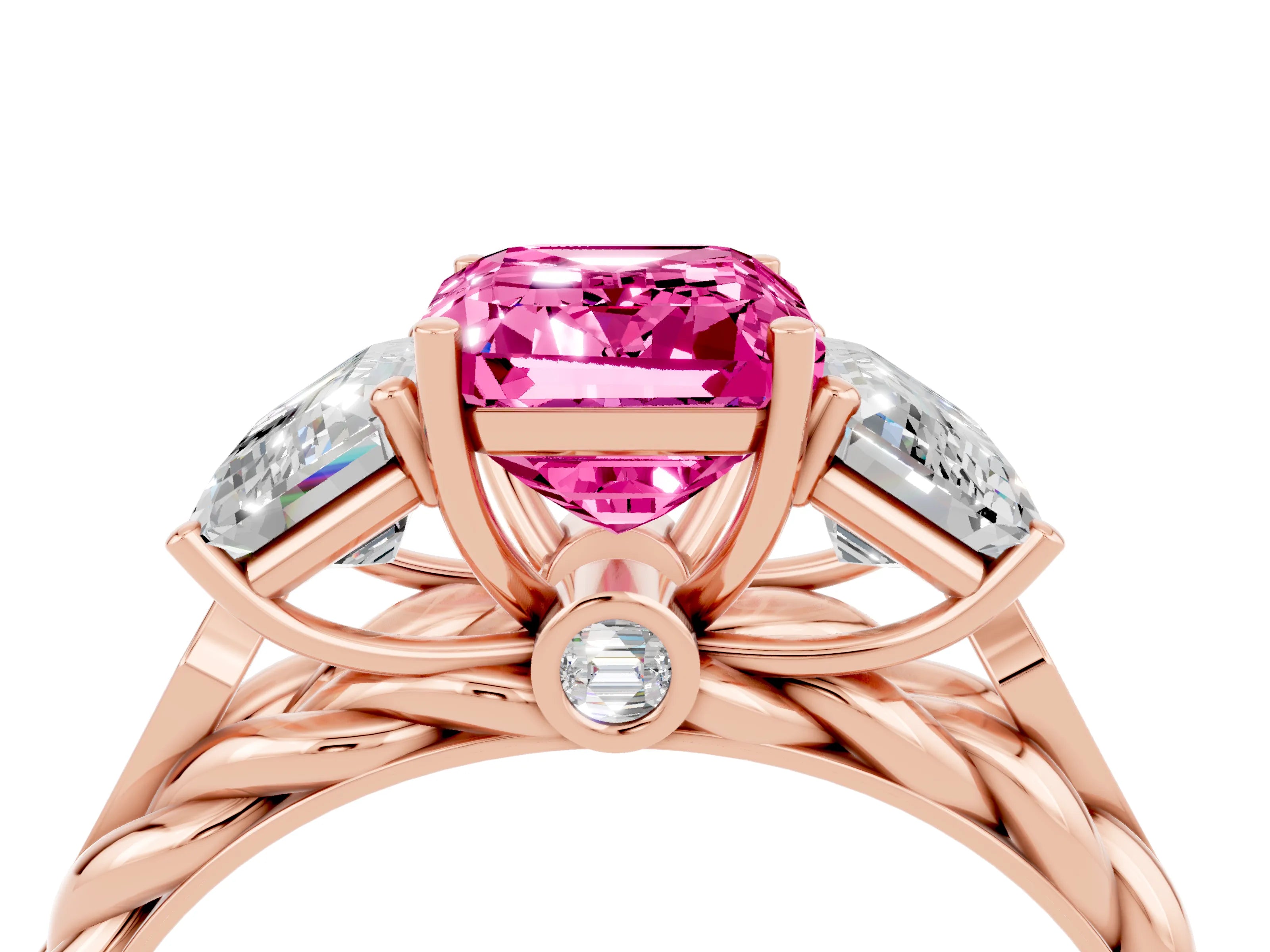 Rose gold Three-Stone Emerald Cut Pink Sapphire Braided Band Ring with Four-Prong Setting_64