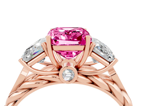 Rose gold Three-Stone Emerald Cut Pink Sapphire Braided Band Ring with Four-Prong Setting_64