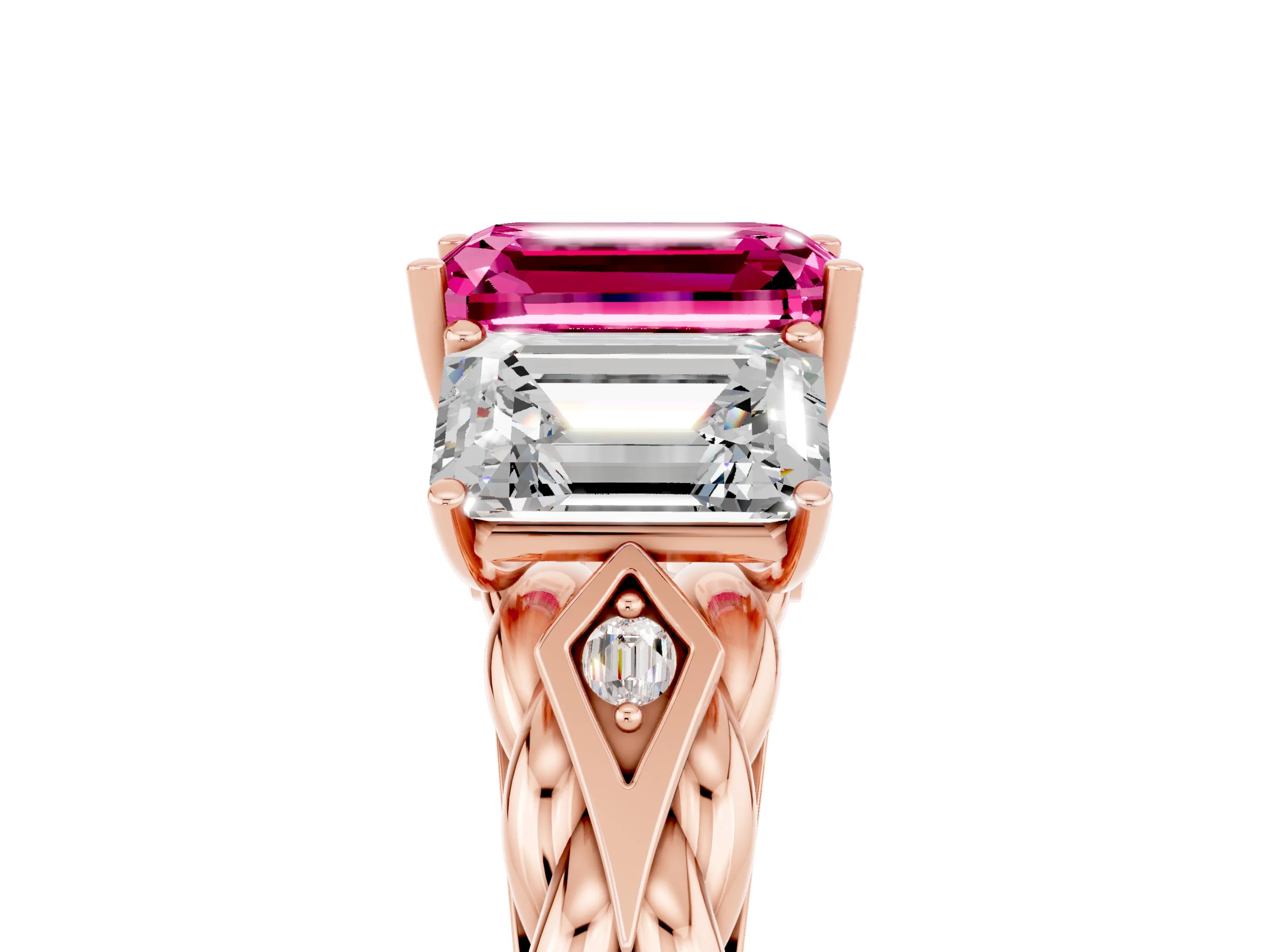 Rose gold Three-Stone Emerald Cut Pink Sapphire Braided Band Ring with Four-Prong Setting_65