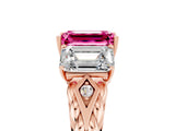 Rose gold Three-Stone Emerald Cut Pink Sapphire Braided Band Ring with Four-Prong Setting_65