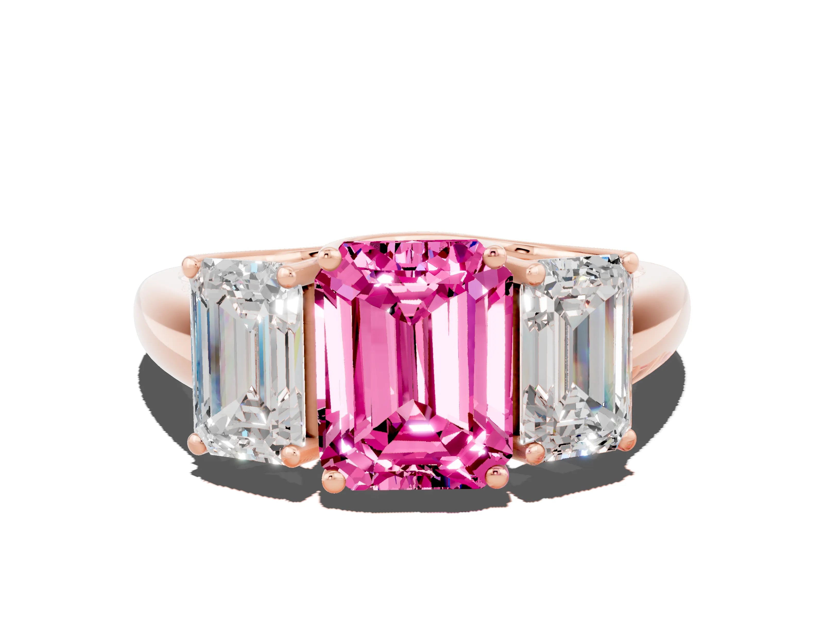 Rose gold Three-Stone Emerald Cut Pink Sapphire Engagement Ring with Prong Setting_36