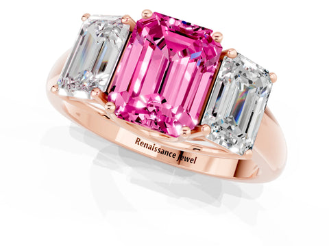 Rose gold Three-Stone Emerald Cut Pink Sapphire Engagement Ring with Prong Setting_37