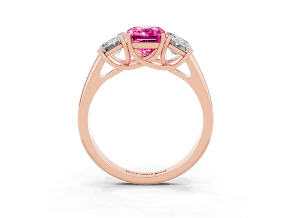 Rose gold Three-Stone Emerald Cut Pink Sapphire Engagement Ring with Prong Setting
