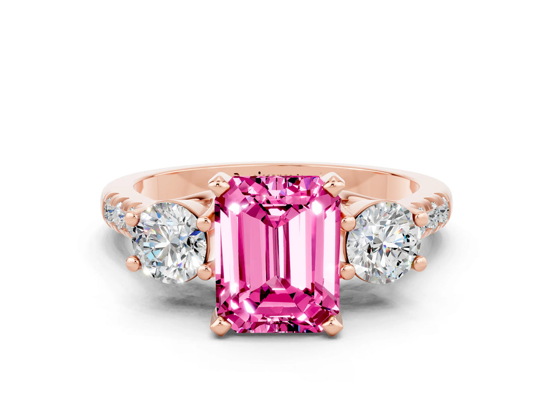 Rose gold Three-Stone Emerald Cut Pink Sapphire Pavé Band with Four-Prong Setting_24