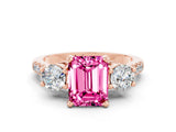 Rose gold Three-Stone Emerald Cut Pink Sapphire Pavé Band with Four-Prong Setting_24
