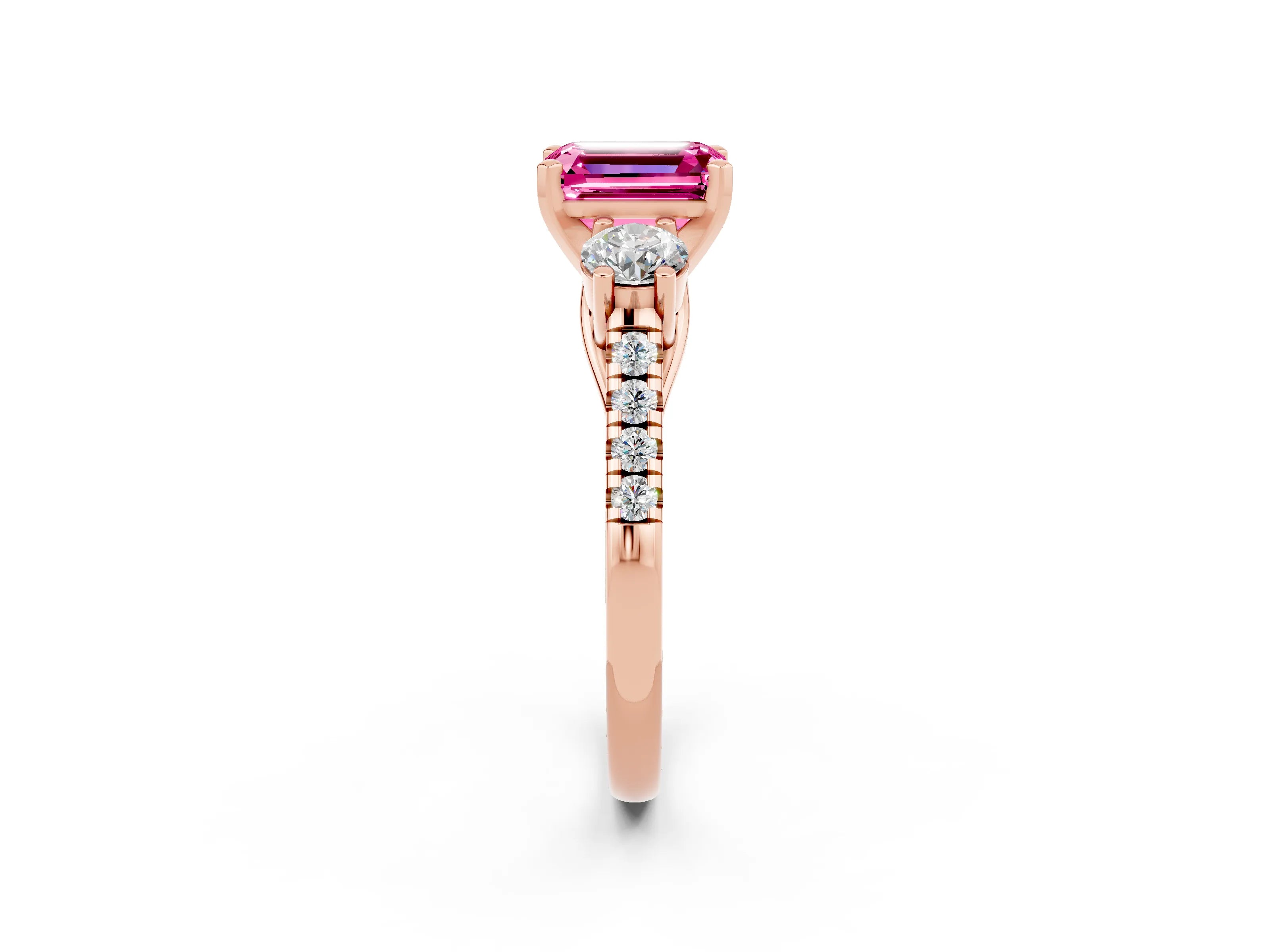 Rose gold Three-Stone Emerald Cut Pink Sapphire Pavé Band with Four-Prong Setting_26