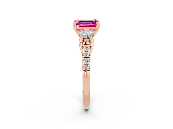Rose gold Three-Stone Emerald Cut Pink Sapphire Pavé Band with Four-Prong Setting