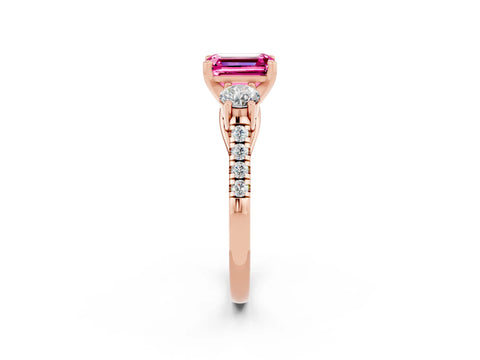 Rose gold Three-Stone Emerald Cut Pink Sapphire Pavé Band with Four-Prong Setting_26