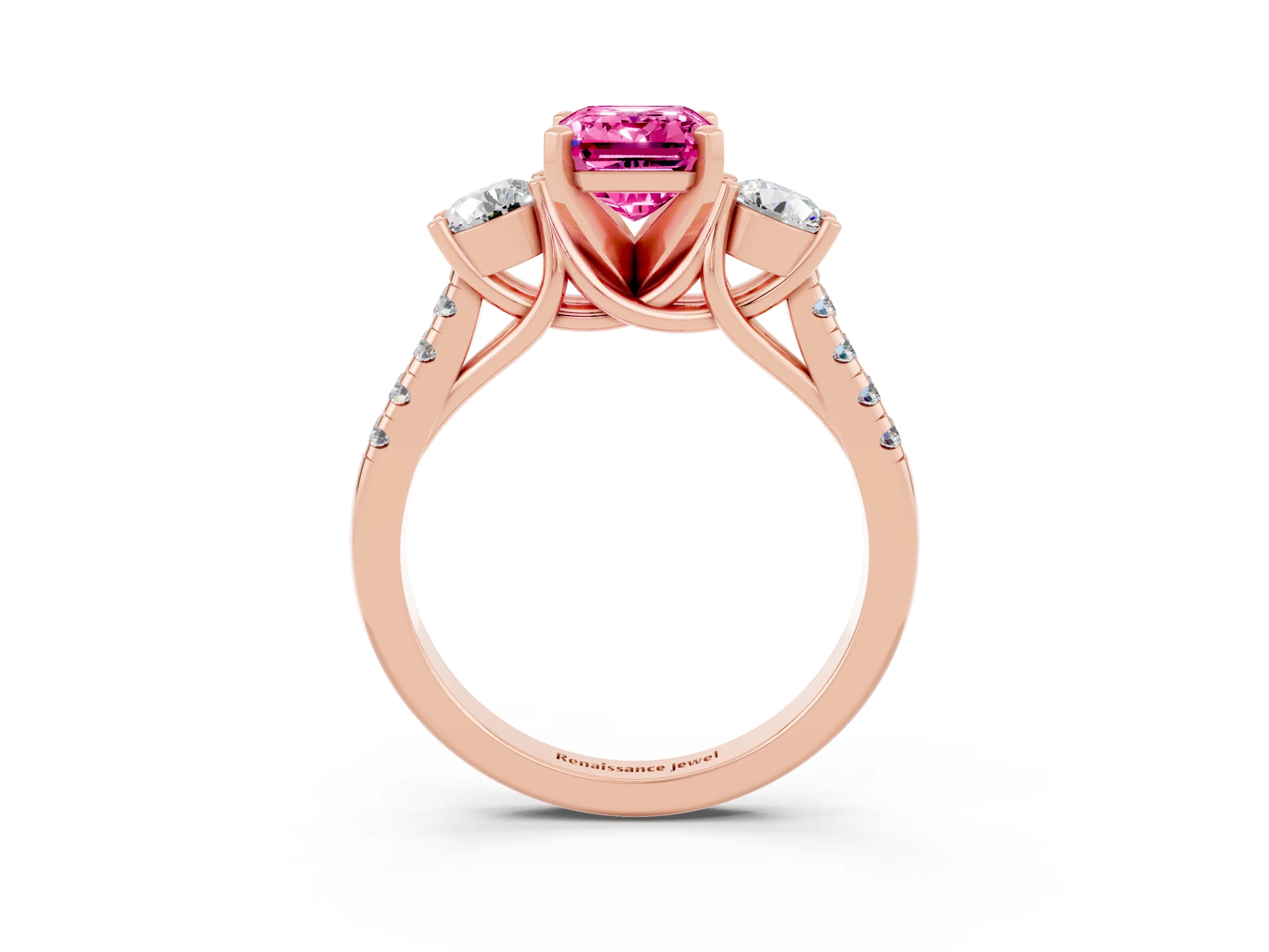 Rose gold Three-Stone Emerald Cut Pink Sapphire Pavé Band with Four-Prong Setting_27