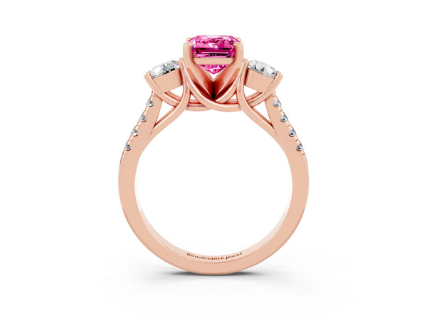 Rose gold Three-Stone Emerald Cut Pink Sapphire Pavé Band with Four-Prong Setting