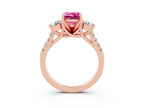 Rose gold Three-Stone Emerald Cut Pink Sapphire Pavé Band with Four-Prong Setting_27